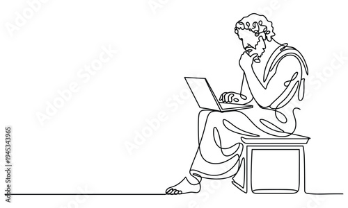 Ancient Scholar Pondering with Laptop on Seat Minimalist Single Line Drawing Concept Art