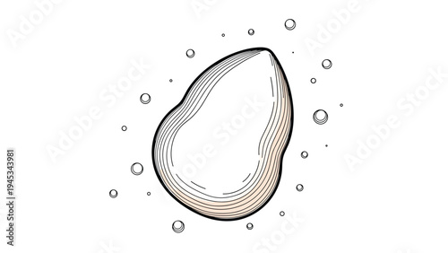 Hand drawn sketch of a single liquid droplet surrounded by small bubbles creates a detailed scientific or cosmetic illustration.