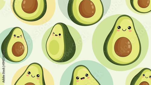 Adorable seamless pattern features smiling avocado halves with seeds on a light green background with circular accents.