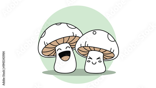 Pair of joyful mushroom characters with smiling faces and white caps sit against a soft green circular background for nature.