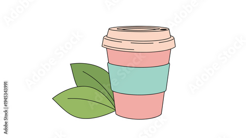 Pink and teal disposable coffee cup with two green leaves symbolizes eco-friendly beverage options on a white background.