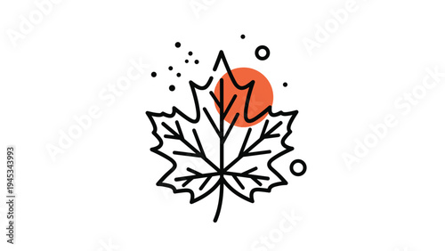 Black outline of a maple leaf with a red sun behind it and decorative dots creates a simple autumnal graphic for nature.