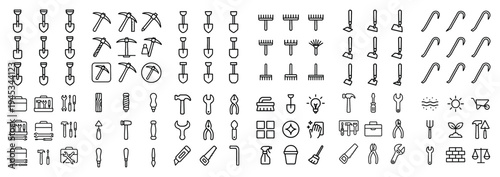 Tools icons with shovel pickaxe rake outline
