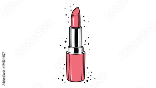 Detailed drawing of a pink lipstick in a silver and pink container surrounded by black dots for a makeup theme.