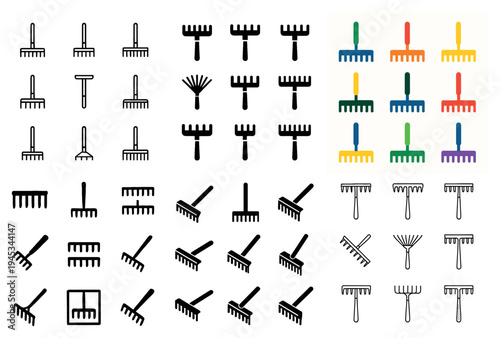 Garden icons with rake handle tines colorful