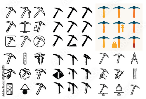 Mining icons with pickaxe hammer rugged flat