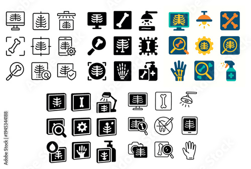 Medical icons with xray bone magnifier outline