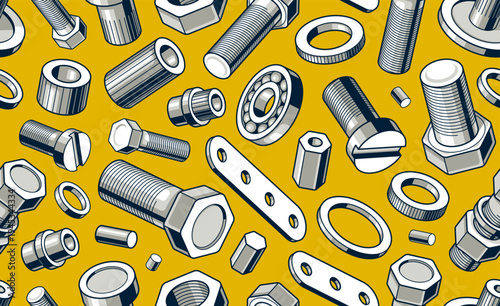 Bolts and nuts seamless background, repair and maintenance workshop tiling wallpaper, mechanic technics service endless pattern, elements easy to use separately.