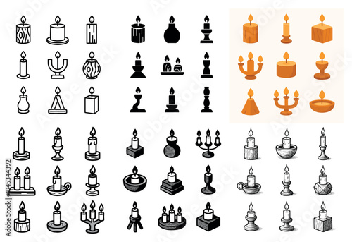 Candle icons with candle holder flame sketch outline