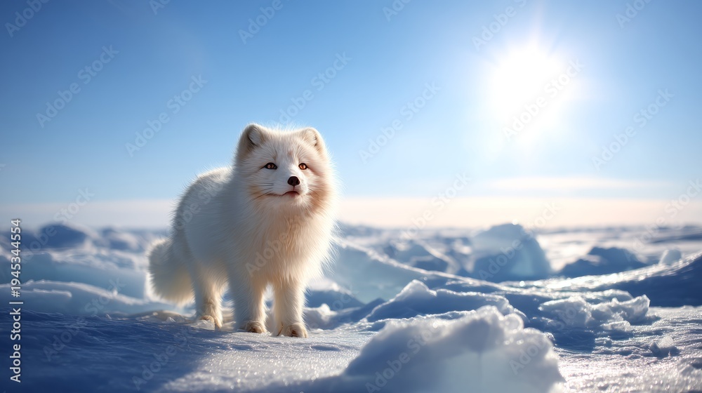 Obraz premium White Fox Standing on Icy Blue Snowdrifts Beneath a Clear Sky at Sunset