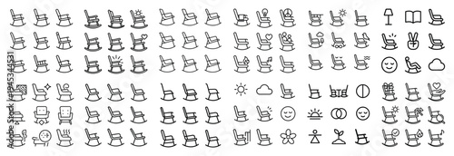 Rocking chair icons with lamp and book thin outline