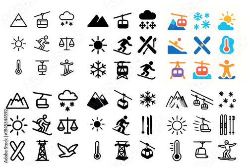 Ski icons with mountain gondola skier colorful