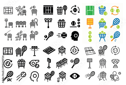 Sports icons with tennis racket ball basket flat