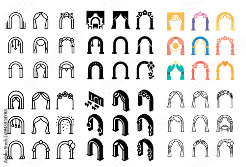 Wedding icons with arch curtain floral outline