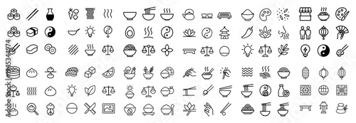 Asian cuisine icons with sushi bowl chopsticks minimal