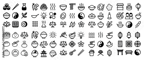Asian food icons with dumpling bowl chopsticks minimal