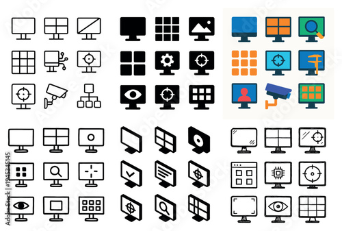 Monitor icons with screen grid camera modern