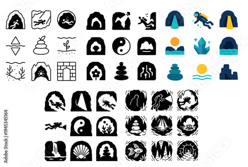 Cave icons with diver crystal sun minimal