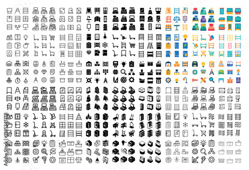 Office icons with chair desk shelf minimal