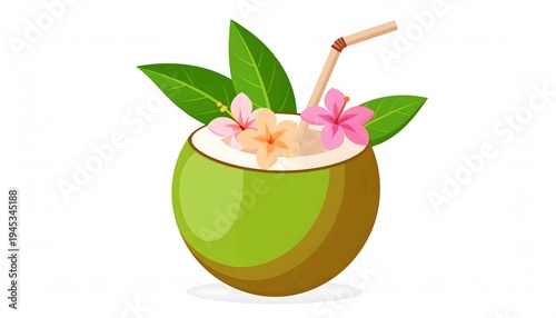 Refreshing Coconut Drink with Hibiscus Flowers and Straw on White Background