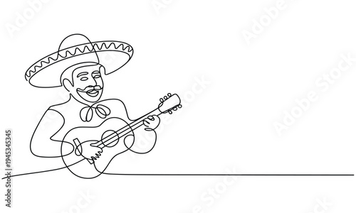 Man in Sombrero Playing Guitar Single Line Drawing