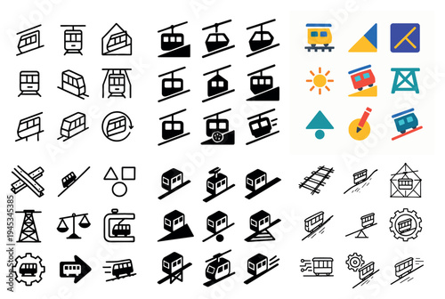 Transport icons with cable car tram rail flat
