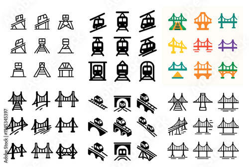 Transportation icons with bridge cable car train minimal