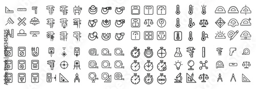 Science icons with rulers calipers protractors outline