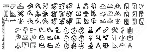 Engineering icons with ruler compass wrench outline