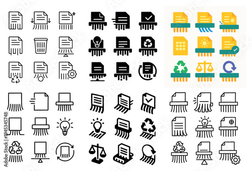 Paper shredder icons with document recycle trash outline