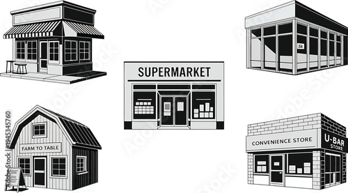 Collection of black and white store buildings including supermarket farm and convenience store