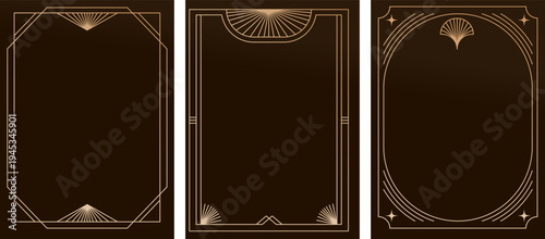 Vintage Art Deco dark color gradient background collection with gold frame. Elegant retro line art templates with luxury decorative linear borders.