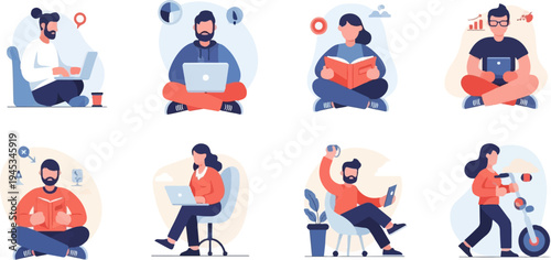 Diverse individuals engage in various modern activities and tasks in stylized scenes