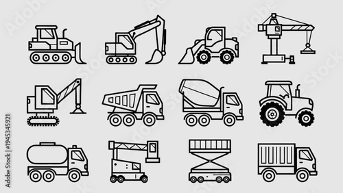 set of construction machines and trucks