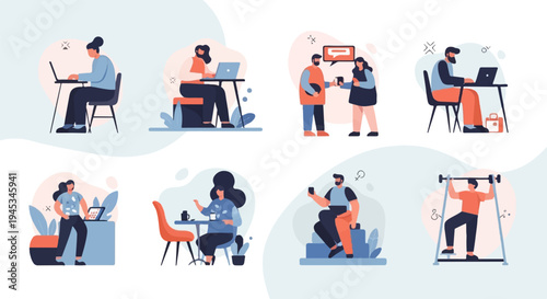 Diverse individuals engage in work, coffee breaks, and fitness routines