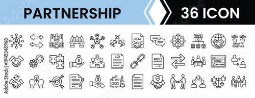 Partnership 36 Pack Line Art Icon Set with Outline Collaboration, Agreement, Teamwork, and Business Relationship Symbols for Web, App, and UI Design