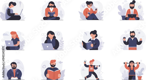Diverse individuals engaged in reading, computing, and fitness activities