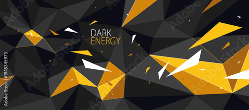 Abstract background of 3D low poly surface with explosion and flying debris particles vector design, dynamic triangular black and yellow contrast backdrop.