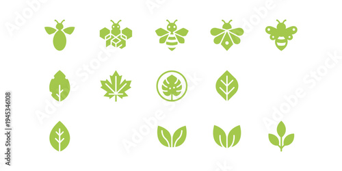 Collection of honey bee logos with leaf wings in modern minimal vector style, perfect for organic honey brands, eco products, natural food labels, and green business identity.