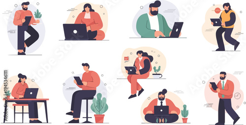 Diverse individuals engaged in various work-related activities using digital devices