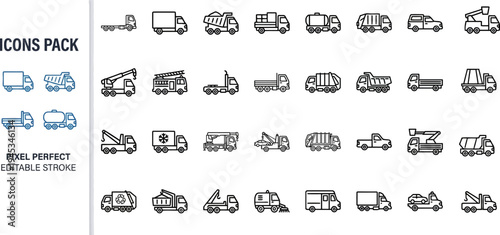 Truck and Delivery Vehicle Outline Vector Icon Set — Transport, Cargo, Construction, Utility Editable Stroke Icons