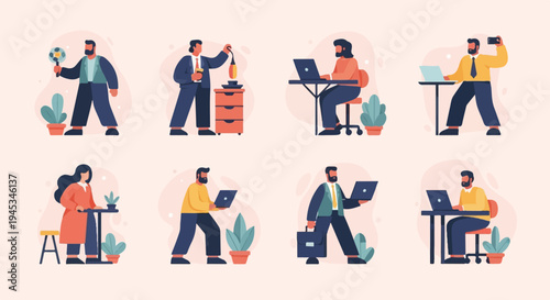 Diverse individuals engaged in various modern work activities with laptops