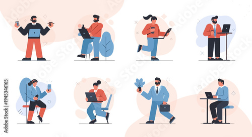 Diverse individuals engaged in work and digital activities