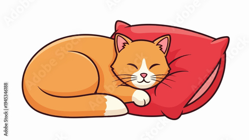 Adorable cartoon orange cat curled up sleeping peacefully on a red pillow