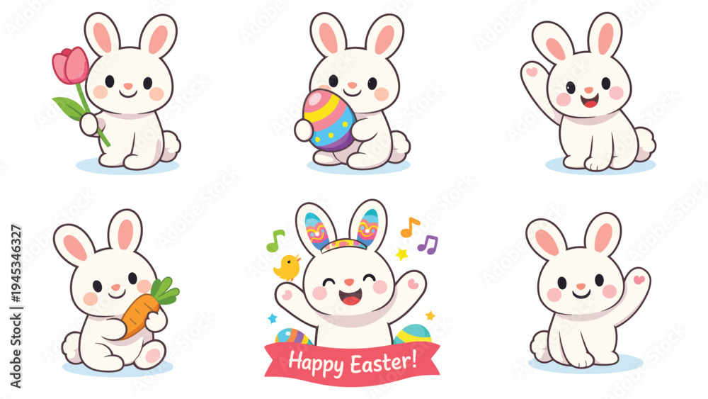 Fototapeta premium Cute Easter Bunny Character Set Adorable Rabbit With Egg Carrot And Happy Easter Cartoon Vector Collection