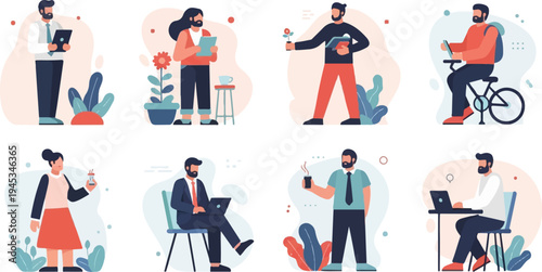 Diverse people engaged in various work and leisure activities