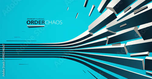 Entropy concept vector abstract background with debris flying in chaos, destruction theme wallpaper, exploded pieces disorder 3D design