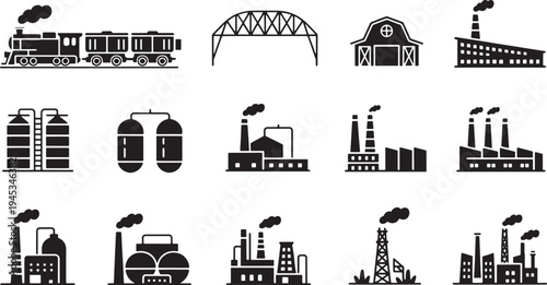 Industrial silhouettes include factories, trains, warehouses, and bridges against checkered backdrop