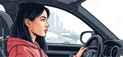 Young woman driving a car in urban traffic with city skyline behind