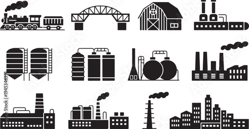 Industrial buildings set with train, bridge, barn and factories on transparent background